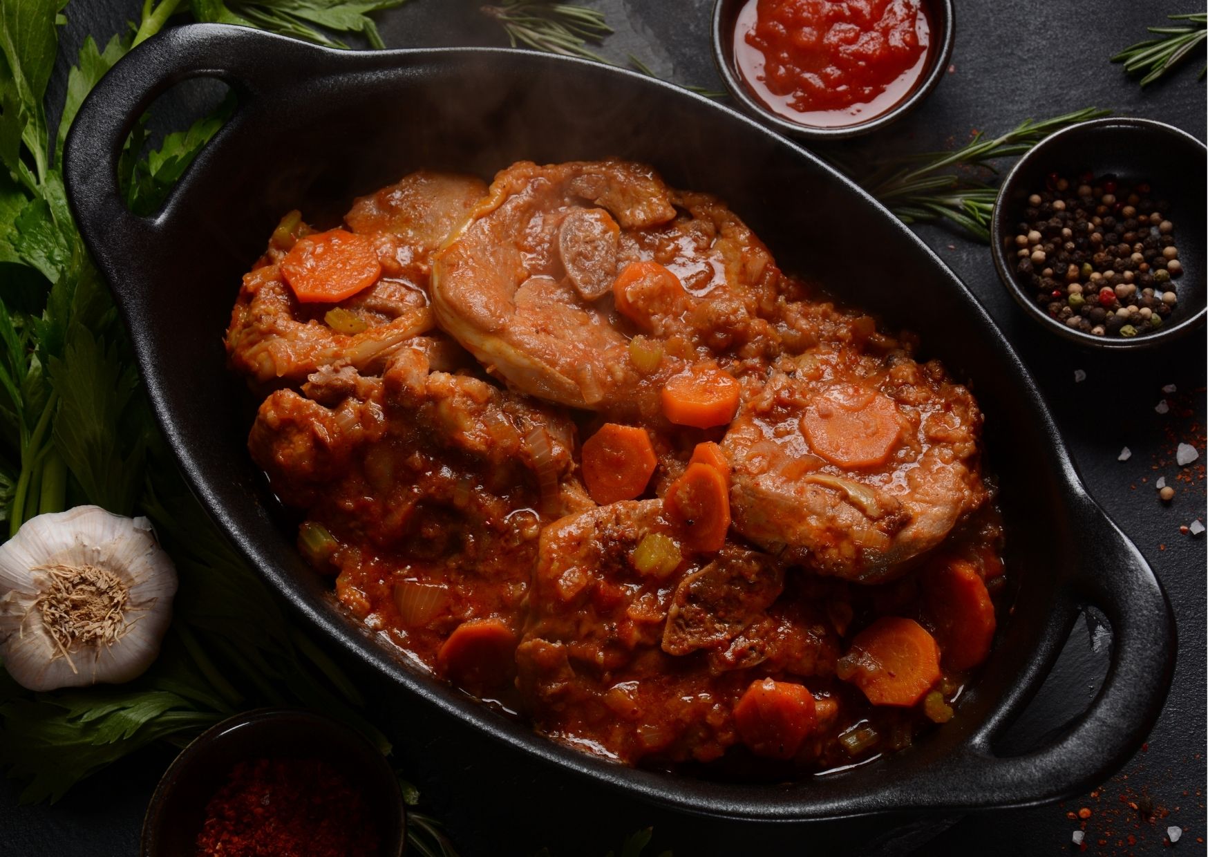 Guiso de ossobuco con porotos y penne rigate